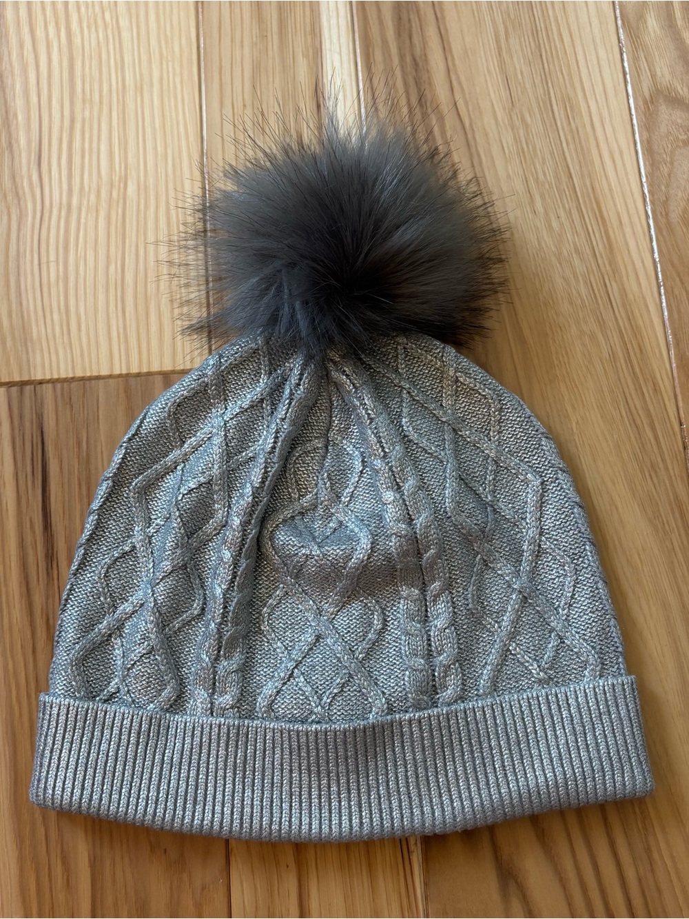 Talbots Gray Metallic Faux Fur Pom Beanie Hat